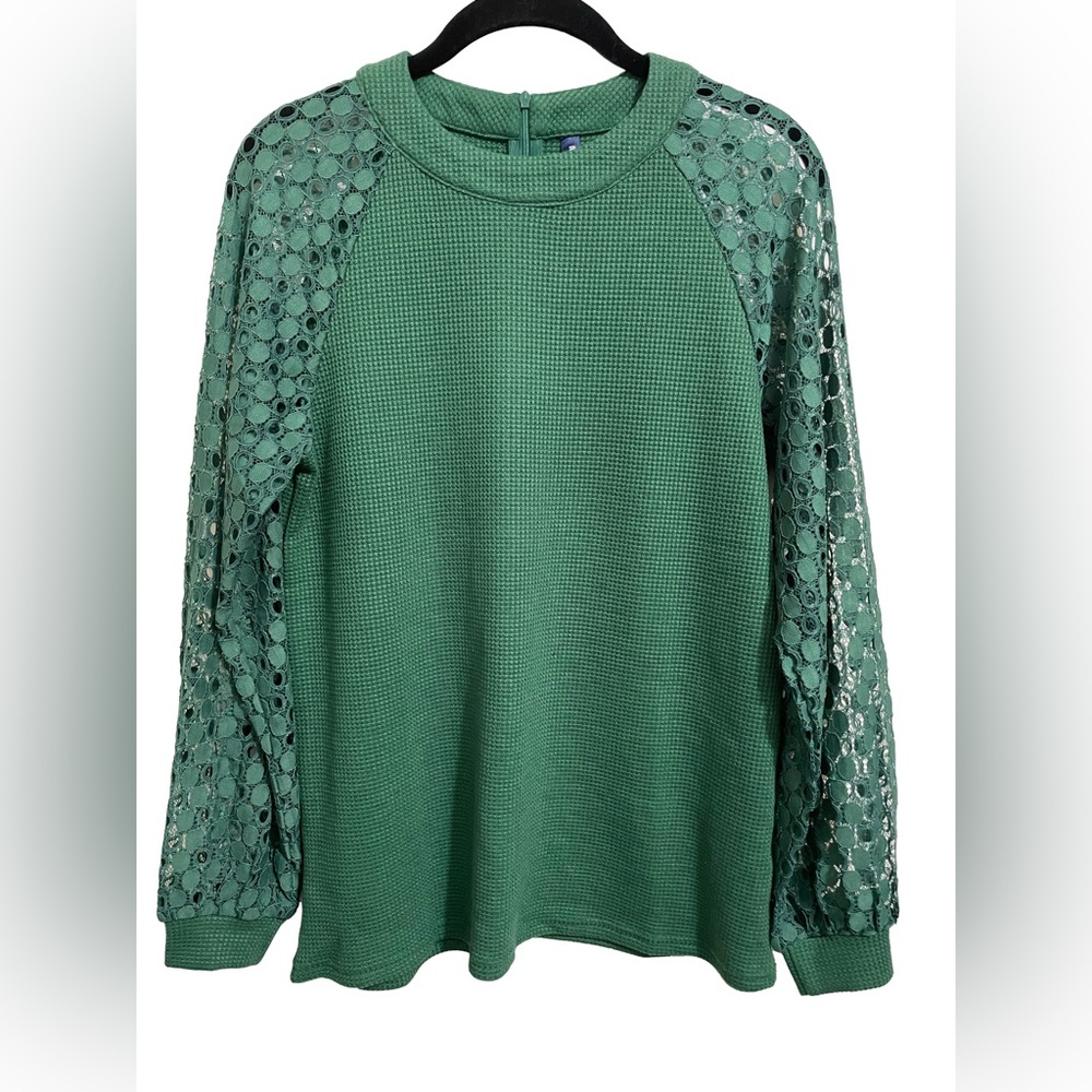 Iwollence Emereld Green Long Sleeve Waffle Blouse Lace Sleeves NWT! Small - Picture 2 of 9
